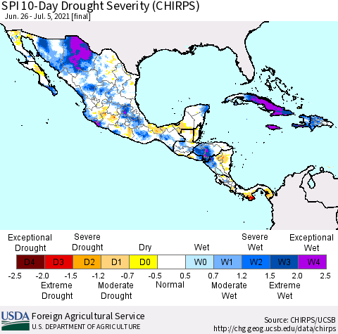 Mexico Central America and the Caribbean SPI 10-Day Drought Severity (CHIRPS) Thematic Map For 6/26/2021 - 7/5/2021