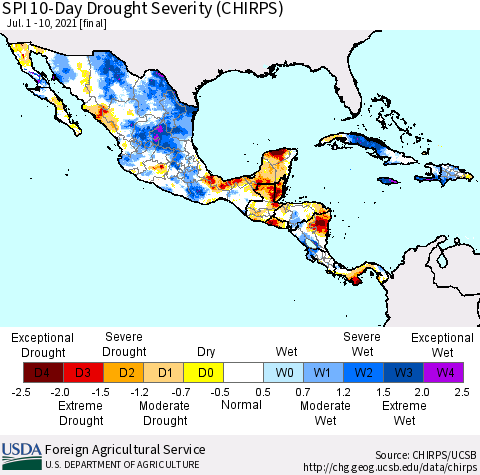Mexico Central America and the Caribbean SPI 10-Day Drought Severity (CHIRPS) Thematic Map For 7/1/2021 - 7/10/2021