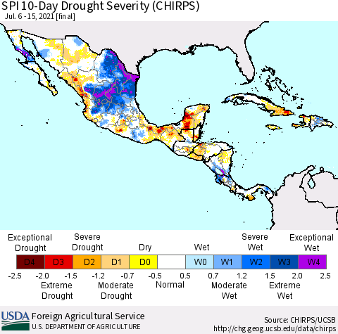 Mexico Central America and the Caribbean SPI 10-Day Drought Severity (CHIRPS) Thematic Map For 7/6/2021 - 7/15/2021