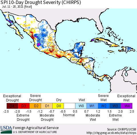 Mexico Central America and the Caribbean SPI 10-Day Drought Severity (CHIRPS) Thematic Map For 7/11/2021 - 7/20/2021