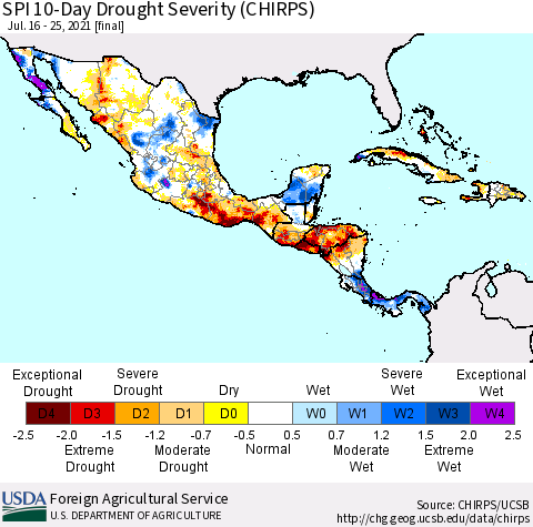 Mexico Central America and the Caribbean SPI 10-Day Drought Severity (CHIRPS) Thematic Map For 7/16/2021 - 7/25/2021