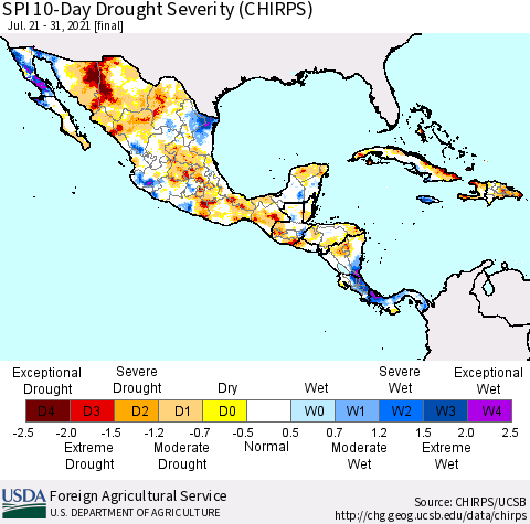 Mexico Central America and the Caribbean SPI 10-Day Drought Severity (CHIRPS) Thematic Map For 7/21/2021 - 7/31/2021
