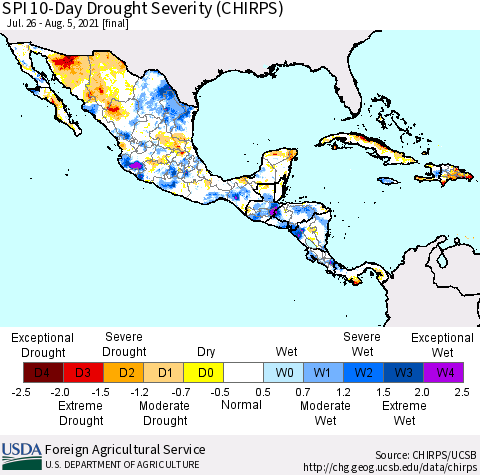 Mexico Central America and the Caribbean SPI 10-Day Drought Severity (CHIRPS) Thematic Map For 7/26/2021 - 8/5/2021