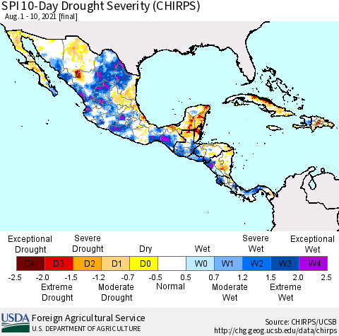 Mexico Central America and the Caribbean SPI 10-Day Drought Severity (CHIRPS) Thematic Map For 8/1/2021 - 8/10/2021