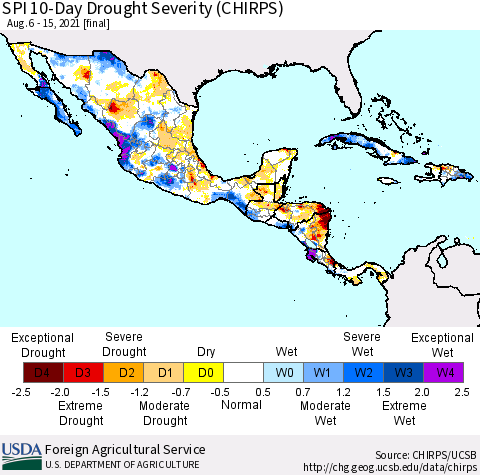 Mexico Central America and the Caribbean SPI 10-Day Drought Severity (CHIRPS) Thematic Map For 8/6/2021 - 8/15/2021