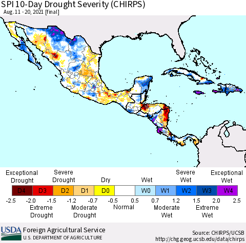 Mexico Central America and the Caribbean SPI 10-Day Drought Severity (CHIRPS) Thematic Map For 8/11/2021 - 8/20/2021