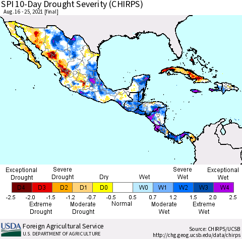 Mexico Central America and the Caribbean SPI 10-Day Drought Severity (CHIRPS) Thematic Map For 8/16/2021 - 8/25/2021