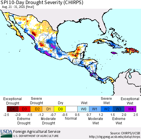 Mexico Central America and the Caribbean SPI 10-Day Drought Severity (CHIRPS) Thematic Map For 8/21/2021 - 8/31/2021