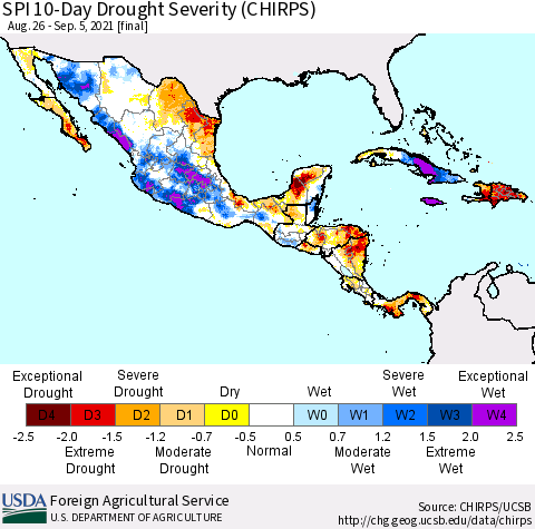 Mexico Central America and the Caribbean SPI 10-Day Drought Severity (CHIRPS) Thematic Map For 8/26/2021 - 9/5/2021