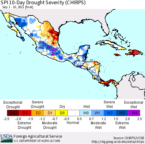 Mexico Central America and the Caribbean SPI 10-Day Drought Severity (CHIRPS) Thematic Map For 9/1/2021 - 9/10/2021
