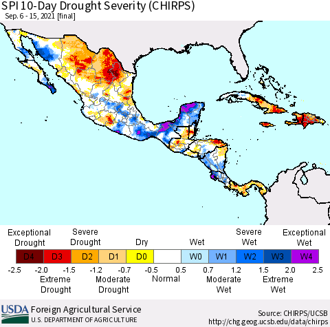 Mexico Central America and the Caribbean SPI 10-Day Drought Severity (CHIRPS) Thematic Map For 9/6/2021 - 9/15/2021