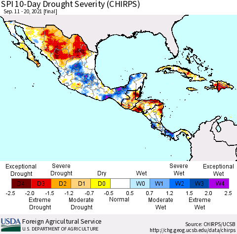 Mexico Central America and the Caribbean SPI 10-Day Drought Severity (CHIRPS) Thematic Map For 9/11/2021 - 9/20/2021
