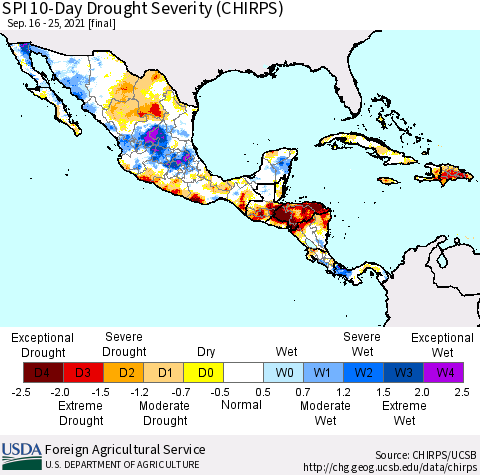 Mexico Central America and the Caribbean SPI 10-Day Drought Severity (CHIRPS) Thematic Map For 9/16/2021 - 9/25/2021