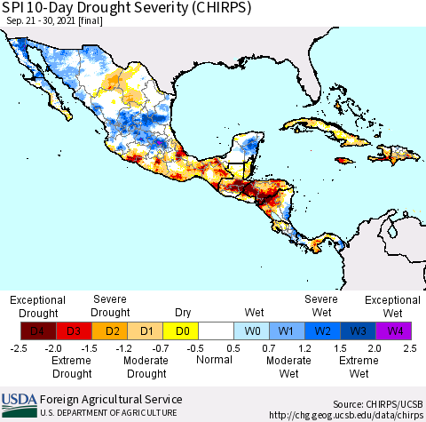 Mexico Central America and the Caribbean SPI 10-Day Drought Severity (CHIRPS) Thematic Map For 9/21/2021 - 9/30/2021