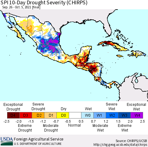 Mexico Central America and the Caribbean SPI 10-Day Drought Severity (CHIRPS) Thematic Map For 9/26/2021 - 10/5/2021