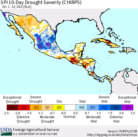 Mexico Central America and the Caribbean SPI 10-Day Drought Severity (CHIRPS) Thematic Map For 10/1/2021 - 10/10/2021