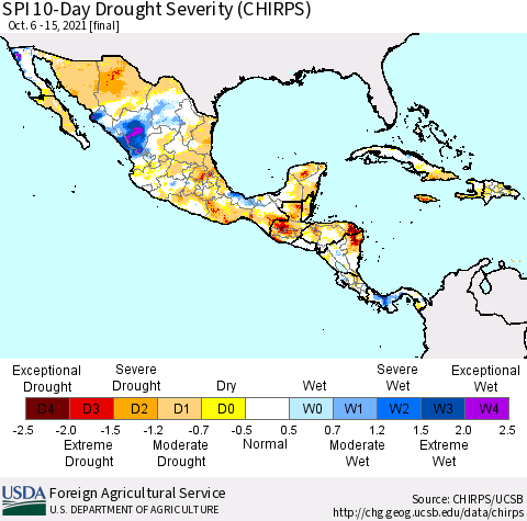 Mexico Central America and the Caribbean SPI 10-Day Drought Severity (CHIRPS) Thematic Map For 10/6/2021 - 10/15/2021