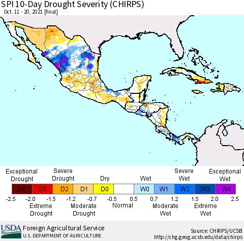Mexico Central America and the Caribbean SPI 10-Day Drought Severity (CHIRPS) Thematic Map For 10/11/2021 - 10/20/2021
