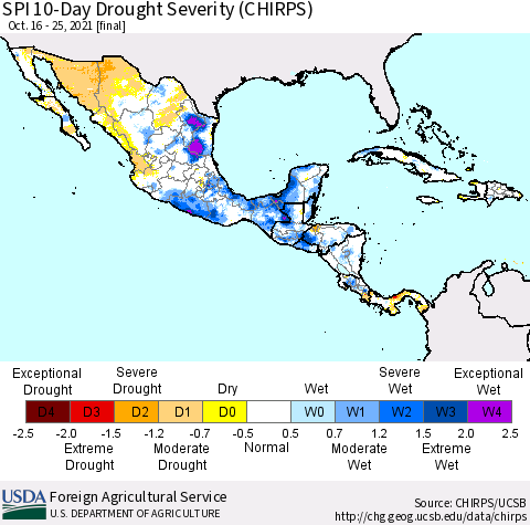 Mexico Central America and the Caribbean SPI 10-Day Drought Severity (CHIRPS) Thematic Map For 10/16/2021 - 10/25/2021