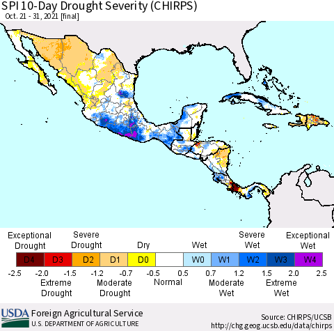Mexico Central America and the Caribbean SPI 10-Day Drought Severity (CHIRPS) Thematic Map For 10/21/2021 - 10/31/2021