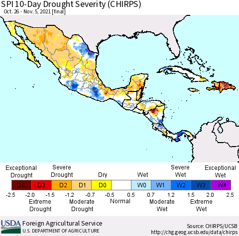 Mexico Central America and the Caribbean SPI 10-Day Drought Severity (CHIRPS) Thematic Map For 10/26/2021 - 11/5/2021