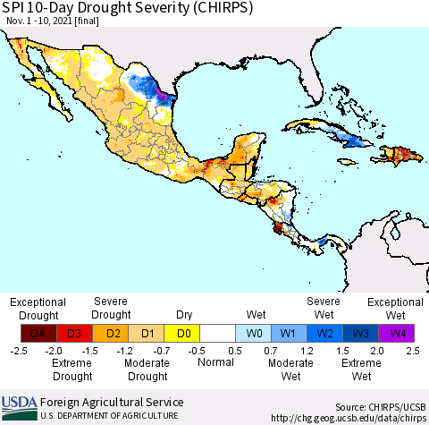 Mexico Central America and the Caribbean SPI 10-Day Drought Severity (CHIRPS) Thematic Map For 11/1/2021 - 11/10/2021