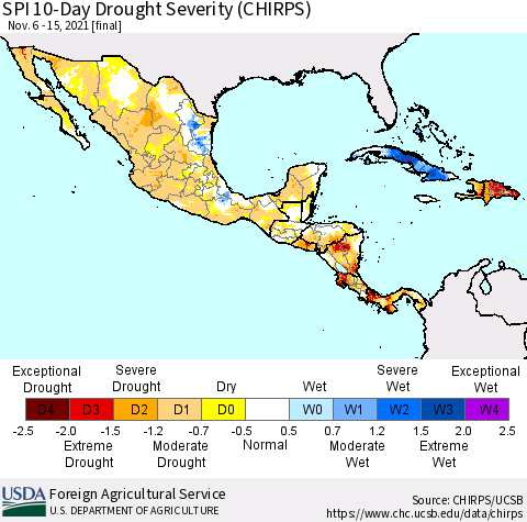 Mexico Central America and the Caribbean SPI 10-Day Drought Severity (CHIRPS) Thematic Map For 11/6/2021 - 11/15/2021