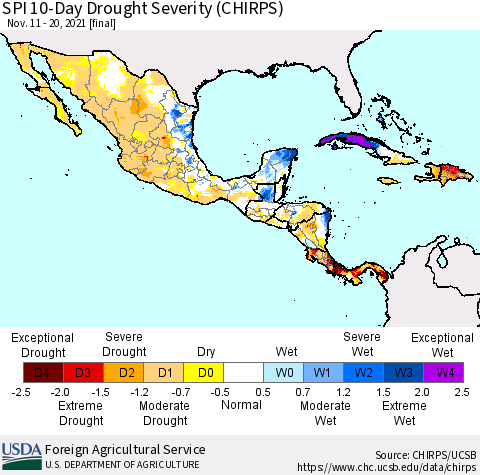 Mexico Central America and the Caribbean SPI 10-Day Drought Severity (CHIRPS) Thematic Map For 11/11/2021 - 11/20/2021