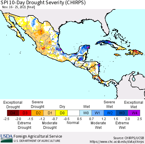 Mexico Central America and the Caribbean SPI 10-Day Drought Severity (CHIRPS) Thematic Map For 11/16/2021 - 11/25/2021