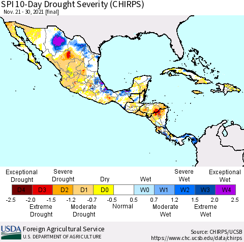 Mexico Central America and the Caribbean SPI 10-Day Drought Severity (CHIRPS) Thematic Map For 11/21/2021 - 11/30/2021