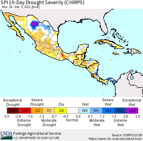 Mexico Central America and the Caribbean SPI 10-Day Drought Severity (CHIRPS) Thematic Map For 11/26/2021 - 12/5/2021