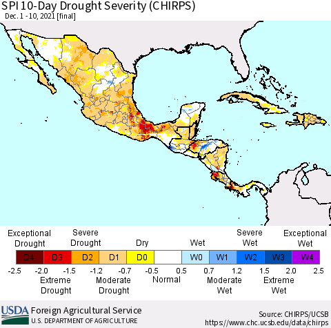 Mexico Central America and the Caribbean SPI 10-Day Drought Severity (CHIRPS) Thematic Map For 12/1/2021 - 12/10/2021