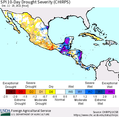 Mexico Central America and the Caribbean SPI 10-Day Drought Severity (CHIRPS) Thematic Map For 12/11/2021 - 12/20/2021