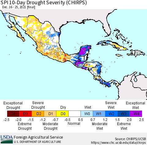 Mexico Central America and the Caribbean SPI 10-Day Drought Severity (CHIRPS) Thematic Map For 12/16/2021 - 12/25/2021