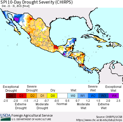 Mexico Central America and the Caribbean SPI 10-Day Drought Severity (CHIRPS) Thematic Map For 12/21/2021 - 12/31/2021