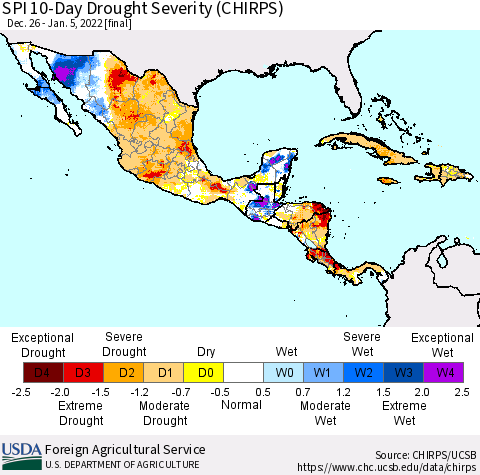 Mexico Central America and the Caribbean SPI 10-Day Drought Severity (CHIRPS) Thematic Map For 12/26/2021 - 1/5/2022