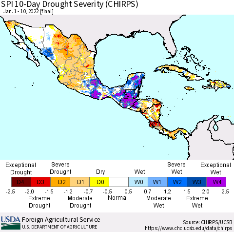 Mexico Central America and the Caribbean SPI 10-Day Drought Severity (CHIRPS) Thematic Map For 1/1/2022 - 1/10/2022