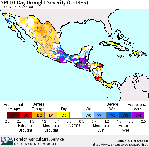 Mexico Central America and the Caribbean SPI 10-Day Drought Severity (CHIRPS) Thematic Map For 1/6/2022 - 1/15/2022