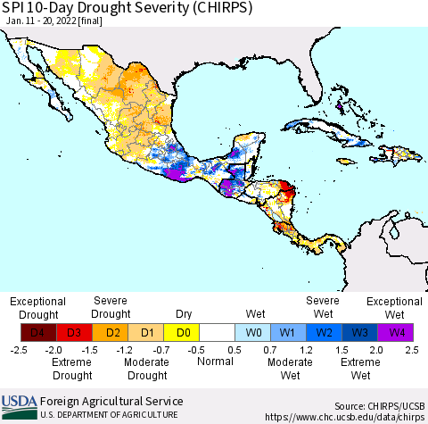 Mexico Central America and the Caribbean SPI 10-Day Drought Severity (CHIRPS) Thematic Map For 1/11/2022 - 1/20/2022
