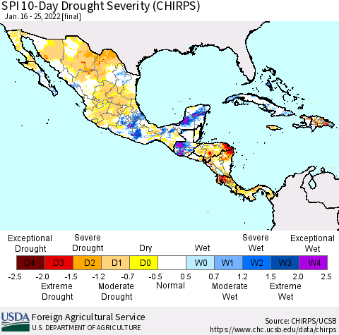 Mexico Central America and the Caribbean SPI 10-Day Drought Severity (CHIRPS) Thematic Map For 1/16/2022 - 1/25/2022