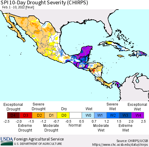 Mexico Central America and the Caribbean SPI 10-Day Drought Severity (CHIRPS) Thematic Map For 2/1/2022 - 2/10/2022