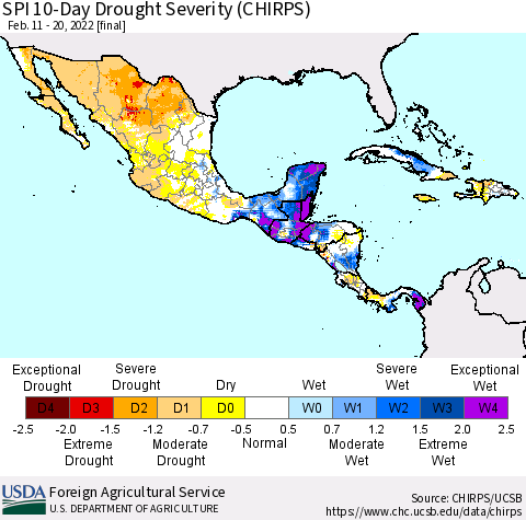 Mexico Central America and the Caribbean SPI 10-Day Drought Severity (CHIRPS) Thematic Map For 2/11/2022 - 2/20/2022