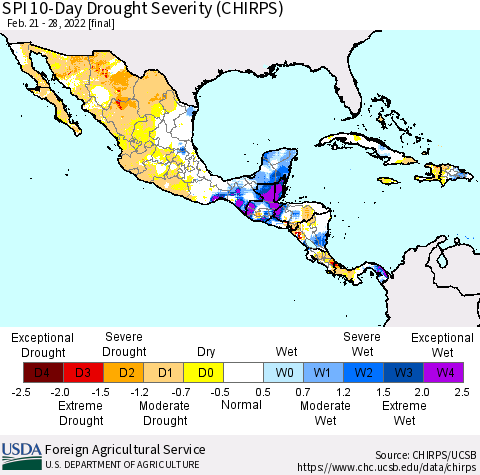 Mexico Central America and the Caribbean SPI 10-Day Drought Severity (CHIRPS) Thematic Map For 2/21/2022 - 2/28/2022