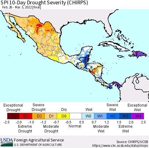 Mexico Central America and the Caribbean SPI 10-Day Drought Severity (CHIRPS) Thematic Map For 2/26/2022 - 3/5/2022