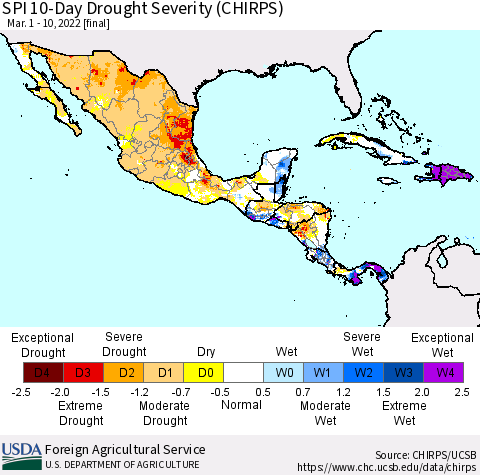 Mexico Central America and the Caribbean SPI 10-Day Drought Severity (CHIRPS) Thematic Map For 3/1/2022 - 3/10/2022