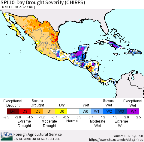 Mexico Central America and the Caribbean SPI 10-Day Drought Severity (CHIRPS) Thematic Map For 3/11/2022 - 3/20/2022