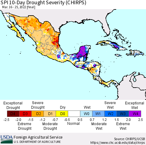 Mexico Central America and the Caribbean SPI 10-Day Drought Severity (CHIRPS) Thematic Map For 3/16/2022 - 3/25/2022
