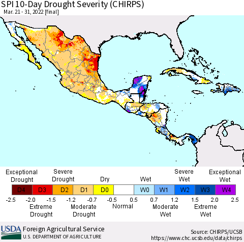 Mexico Central America and the Caribbean SPI 10-Day Drought Severity (CHIRPS) Thematic Map For 3/21/2022 - 3/31/2022