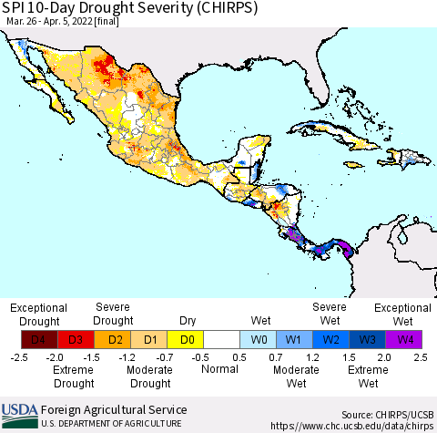 Mexico Central America and the Caribbean SPI 10-Day Drought Severity (CHIRPS) Thematic Map For 3/26/2022 - 4/5/2022