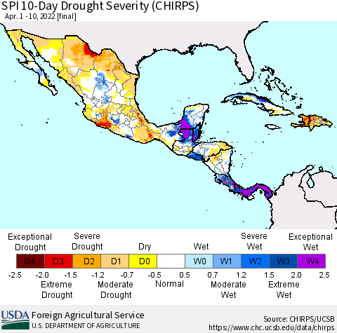 Mexico Central America and the Caribbean SPI 10-Day Drought Severity (CHIRPS) Thematic Map For 4/1/2022 - 4/10/2022